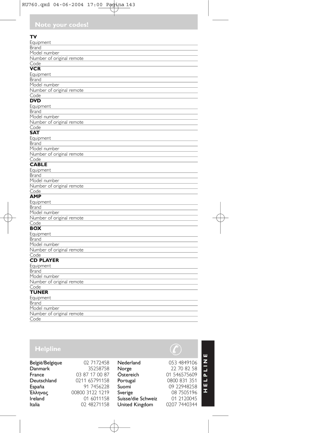 Philips SBC RU 760/00 Helpline, Italia United Kingdom 0207, Equipment Brand Model number Number of original remote Code 