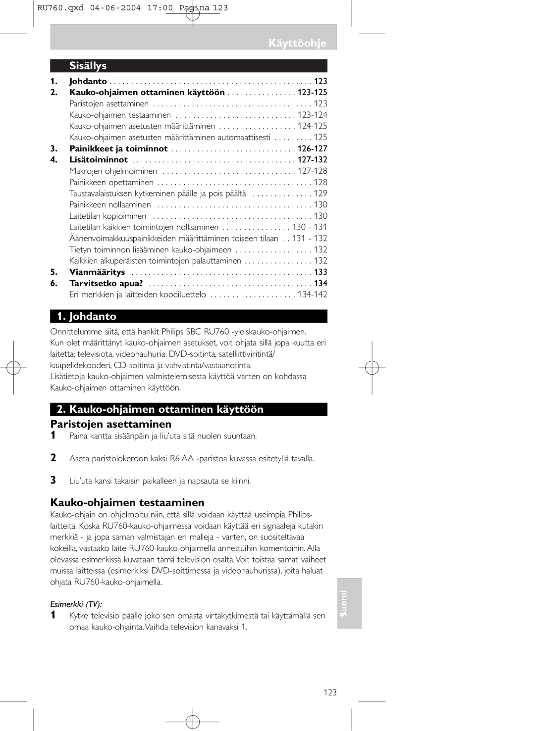 Philips SBC RU 760/00 manual Käyttöohje, Sisällys, Johdanto, Kauko-ohjaimen ottaminen käyttöön 