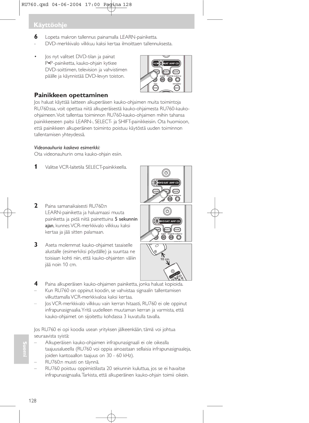 Philips SBC RU 760/00 manual Painikkeen opettaminen, Videonauhuria koskeva esimerkki, 128 