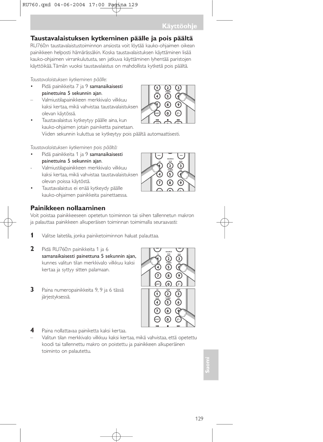 Philips SBC RU 760/00 manual Taustavalaistuksen kytkeminen päälle ja pois päältä, Painikkeen nollaaminen 