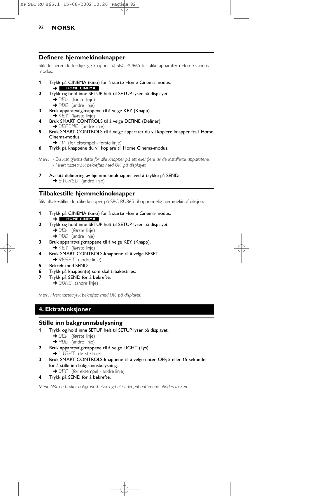 Philips SBC RU 865/00 manual Definere hjemmekinoknapper, Tilbakestille hjemmekinoknapper, Ektrafunksjoner 