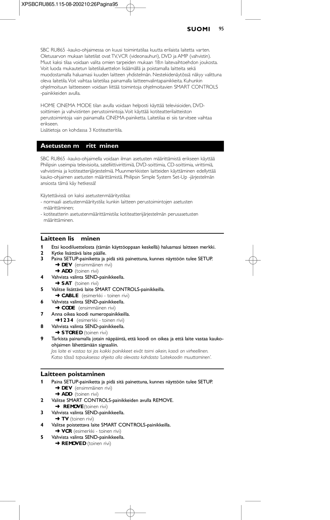 Philips SBC RU 865/00 manual Asetusten määrittäminen, Laitteen lisääminen, Laitteen poistaminen 