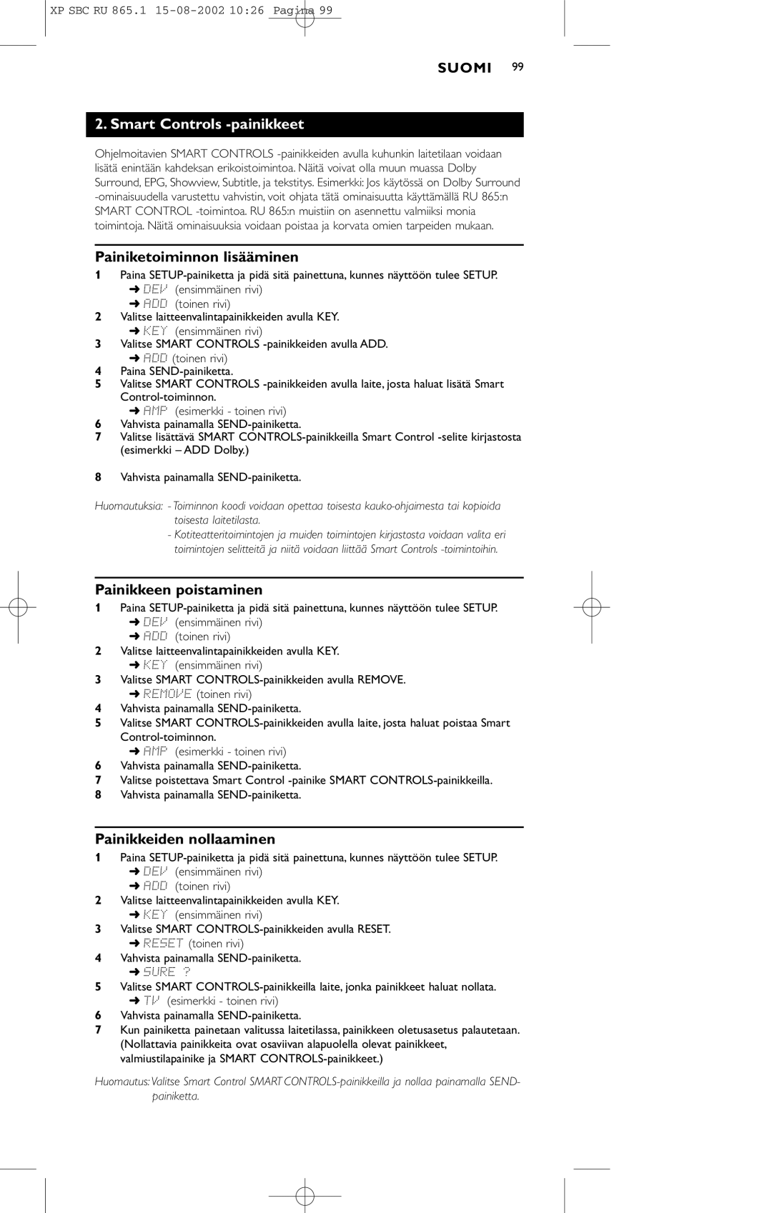 Philips SBC RU 865/00 manual Smart Controls -painikkeet, Painiketoiminnon lisääminen, Painikkeen poistaminen 