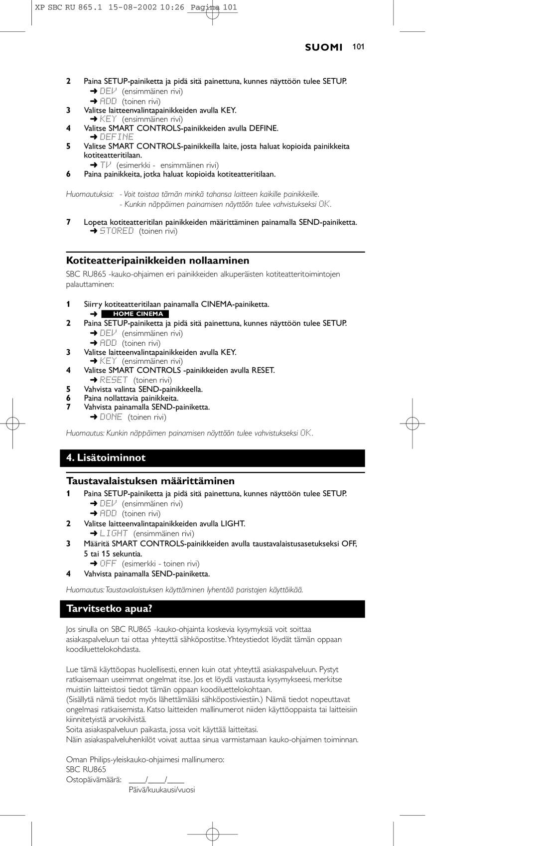 Philips SBC RU 865/00 manual Kotiteatteripainikkeiden nollaaminen, Lisätoiminnot, Taustavalaistuksen määrittäminen 