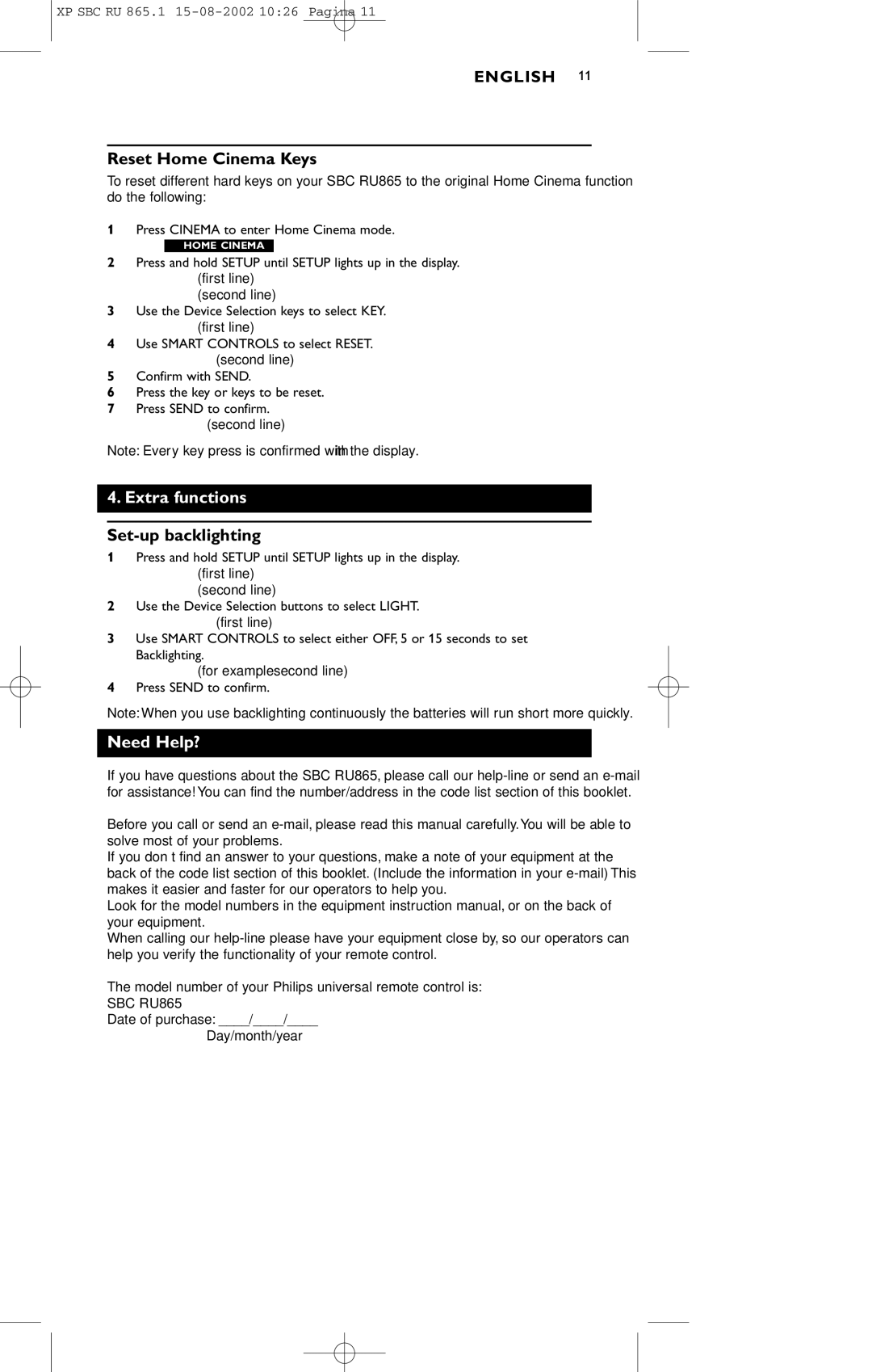 Philips SBC RU 865/00 manual Reset Home Cinema Keys, Extra functions, Set-up backlighting, Need Help? 