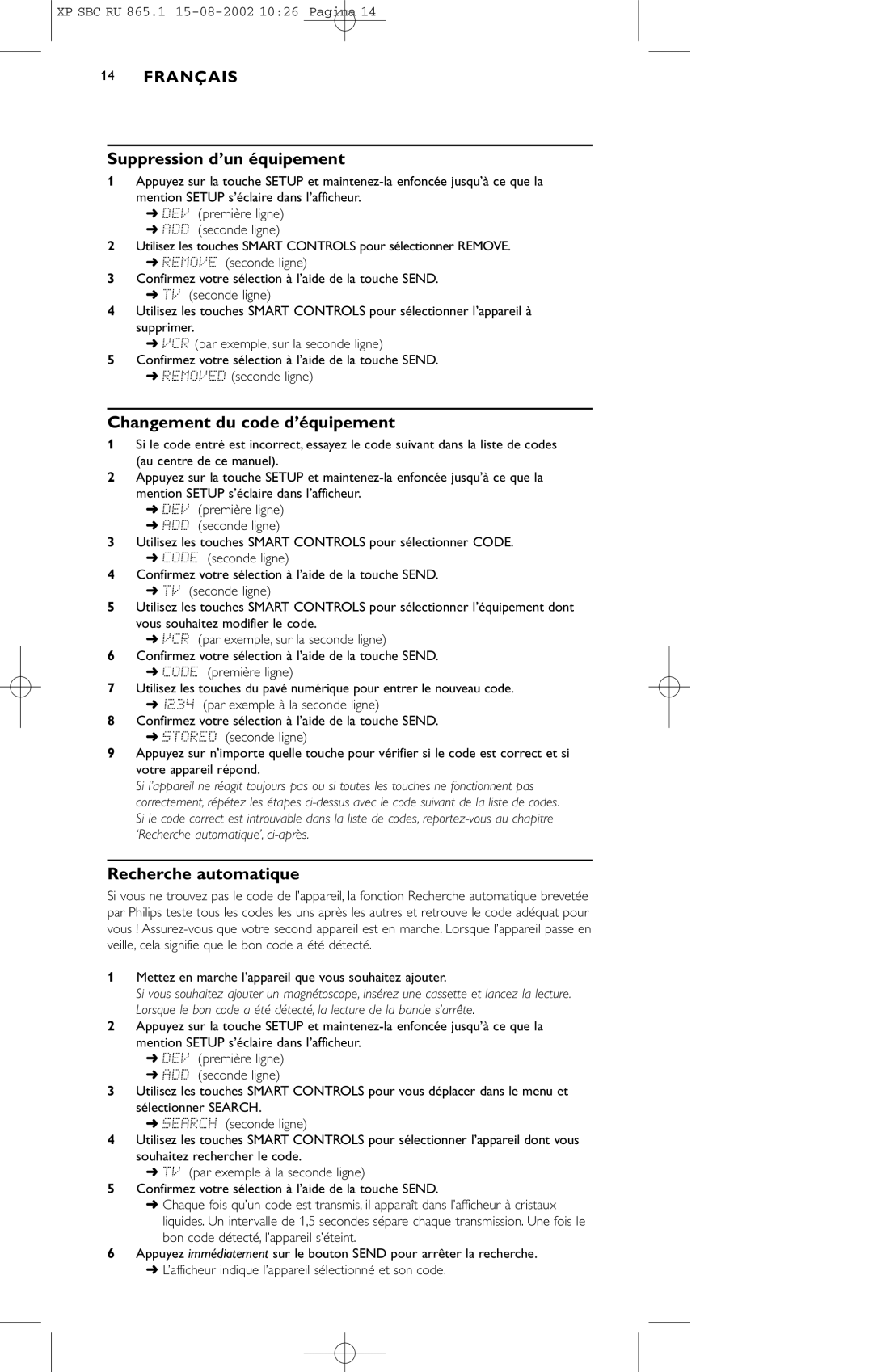 Philips SBC RU 865/00 manual Suppression d’un équipement, Changement du code d’équipement, Recherche automatique 