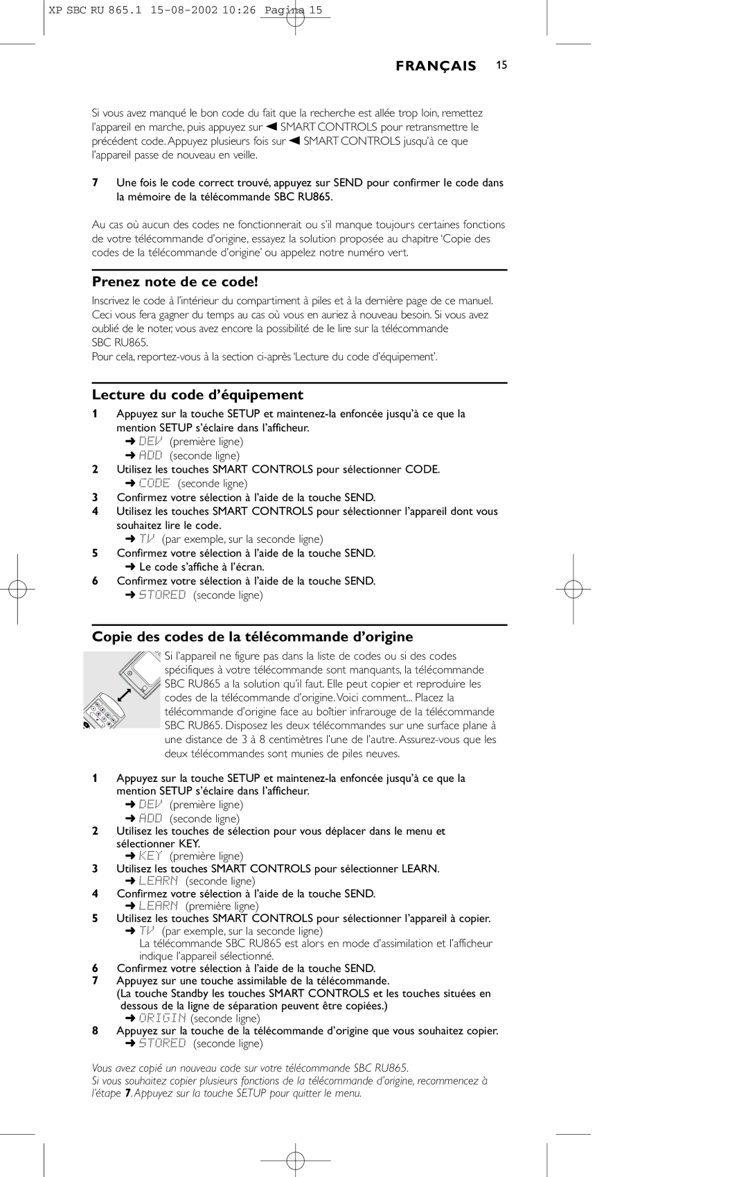 Philips SBC RU 865/00 Prenez note de ce code, Lecture du code d’équipement, Copie des codes de la télécommande d’origine 