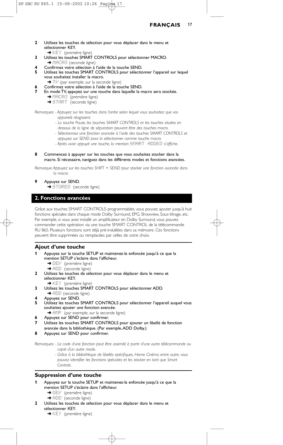 Philips SBC RU 865/00 manual Fonctions avancées, Ajout d’une touche, Suppression d’une touche 