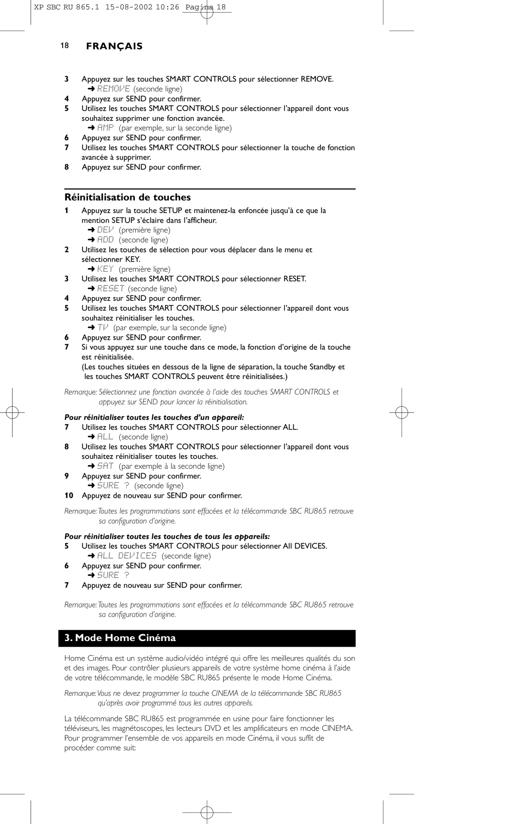 Philips SBC RU 865/00 Réinitialisation de touches, Mode Home Cinéma, Pour réinitialiser toutes les touches d’un appareil 