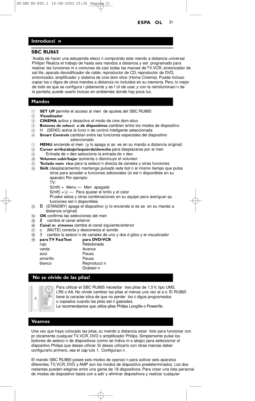 Philips SBC RU 865/00 manual Introducción, Mandos, ¡No se olvide de las pilas Veamos 