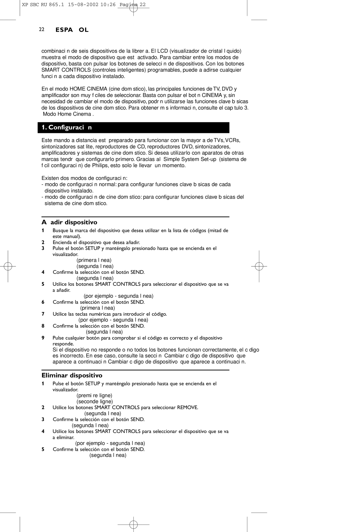 Philips SBC RU 865/00 manual Configuración, Añadir dispositivo, Eliminar dispositivo 