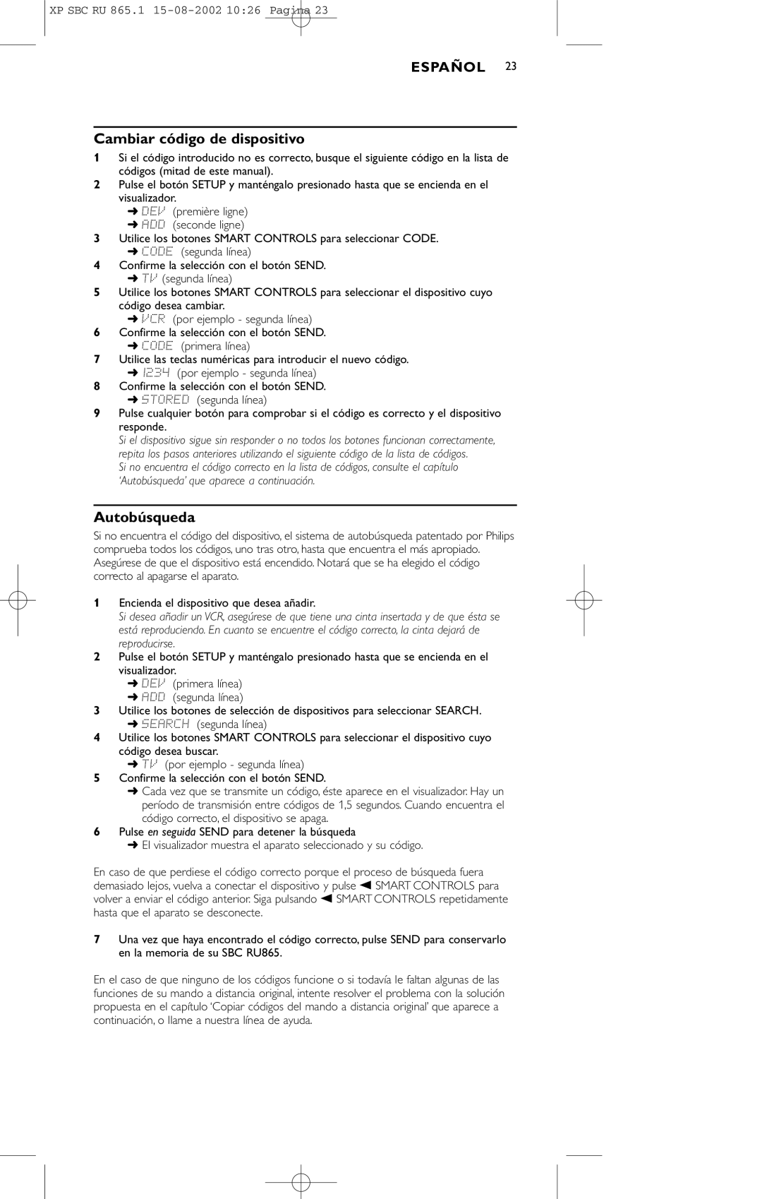 Philips SBC RU 865/00 manual Cambiar código de dispositivo, Autobúsqueda 