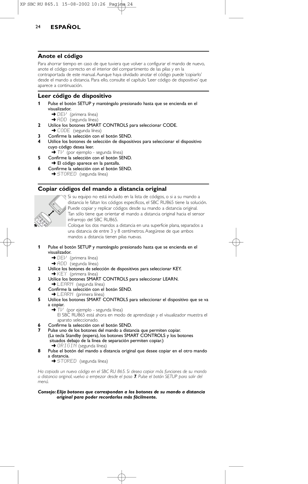 Philips SBC RU 865/00 manual Anote el código, Leer código de dispositivo, Copiar códigos del mando a distancia original 