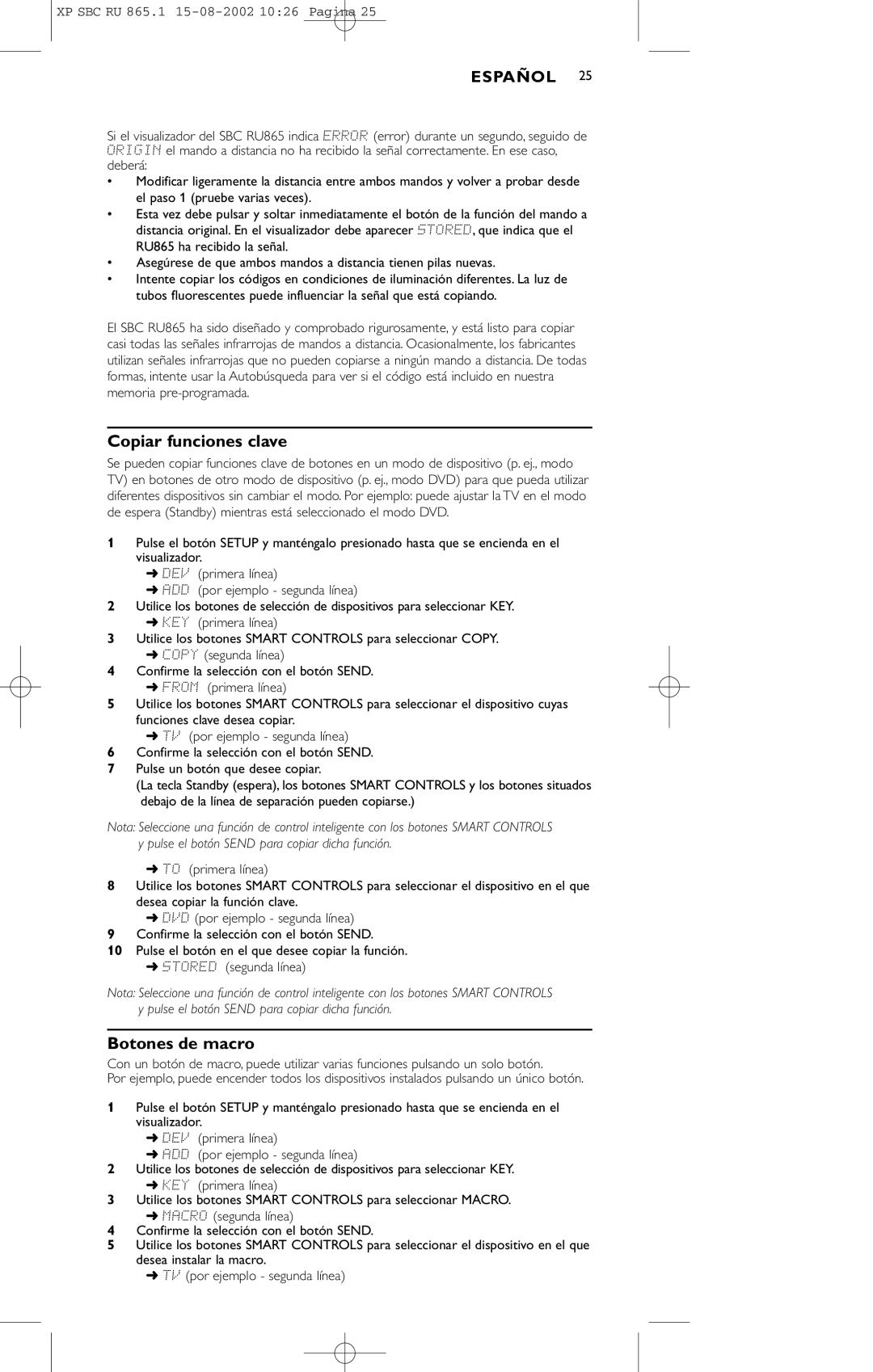Philips SBC RU 865/00 manual Copiar funciones clave, Botones de macro 