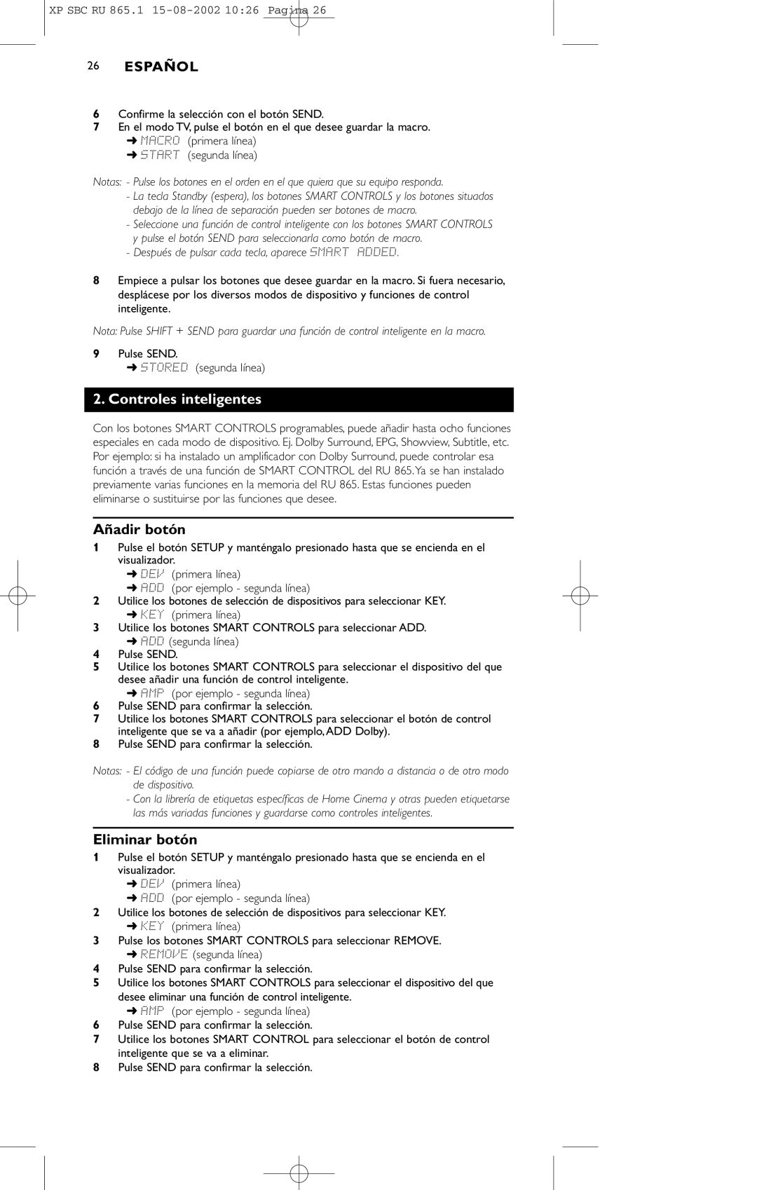 Philips SBC RU 865/00 manual Controles inteligentes, Añadir botón, Eliminar botón 