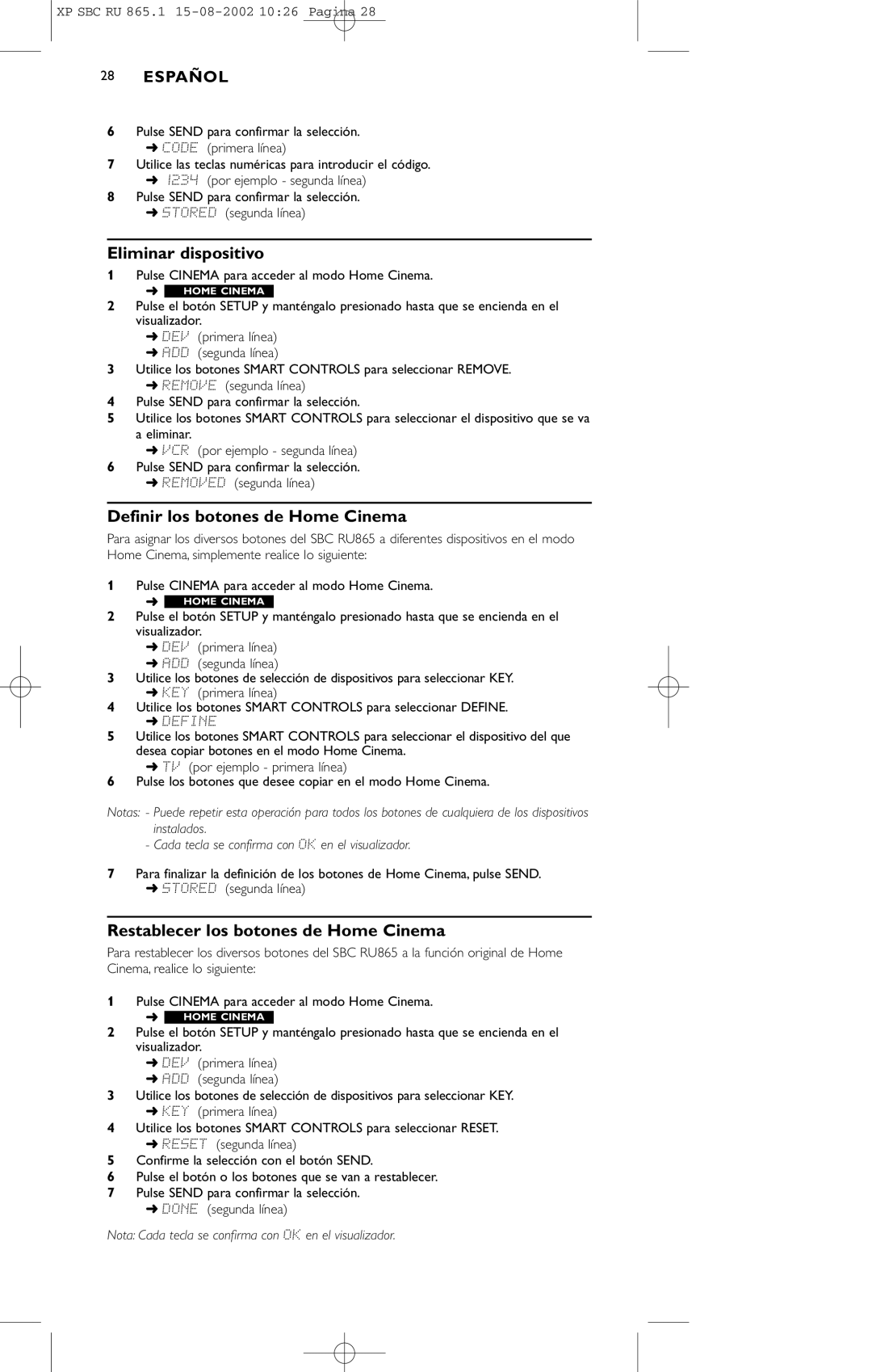 Philips SBC RU 865/00 manual Definir los botones de Home Cinema, Restablecer los botones de Home Cinema 