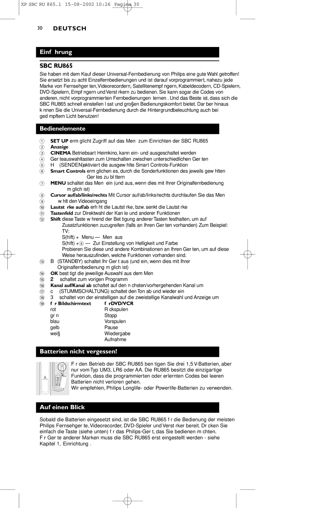 Philips SBC RU 865/00 manual Einführung, Bedienelemente, Batterien nicht vergessen, Auf einen Blick 