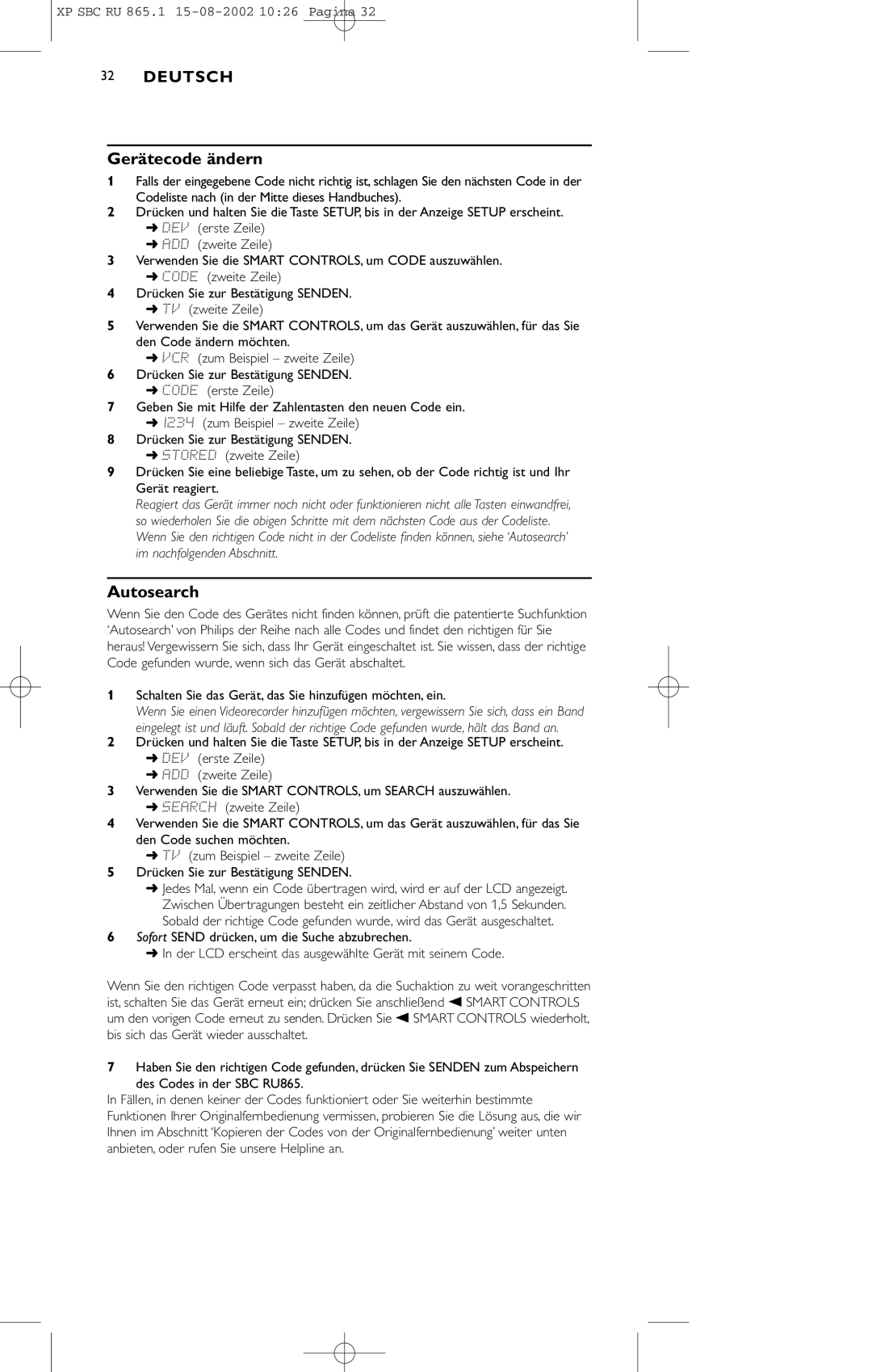 Philips SBC RU 865/00 manual Gerätecode ändern, Autosearch 