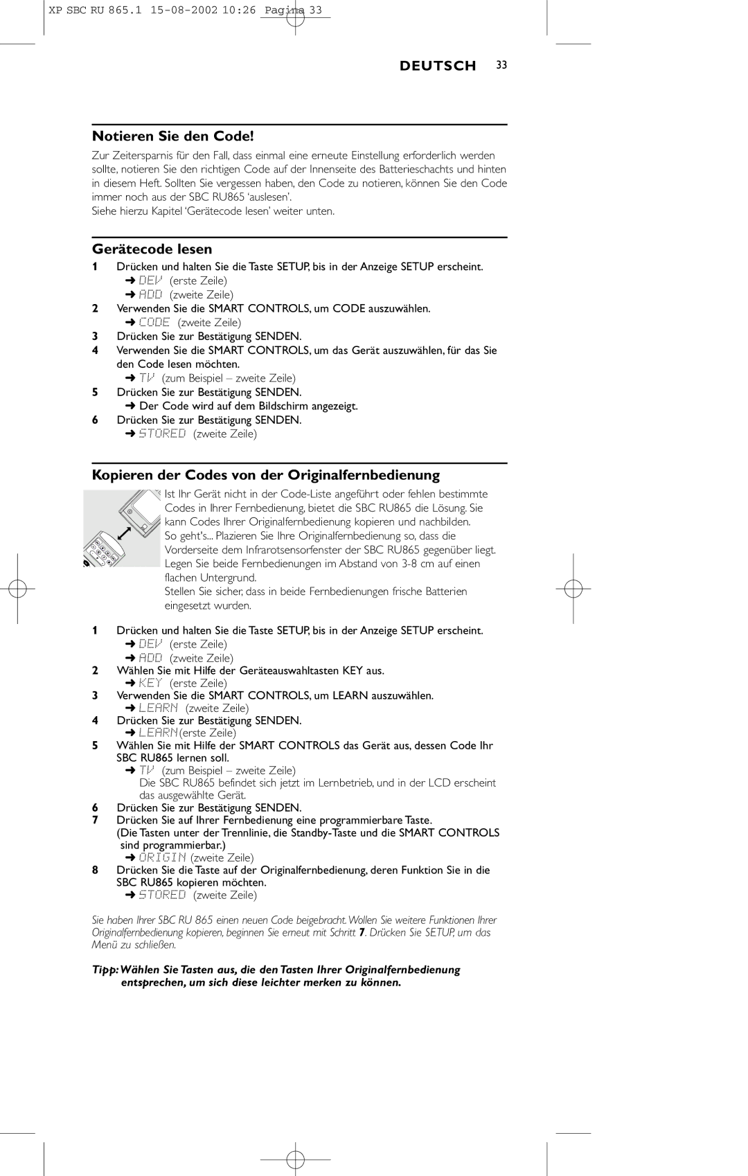 Philips SBC RU 865/00 manual Notieren Sie den Code, Gerätecode lesen, Kopieren der Codes von der Originalfernbedienung 