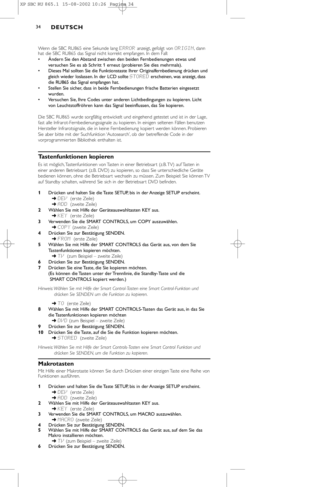 Philips SBC RU 865/00 manual Tastenfunktionen kopieren, Makrotasten 