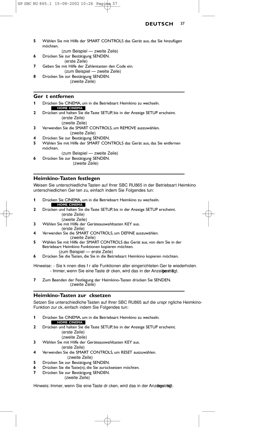 Philips SBC RU 865/00 manual Heimkino-Tasten festlegen, Heimkino-Tasten zurücksetzen 