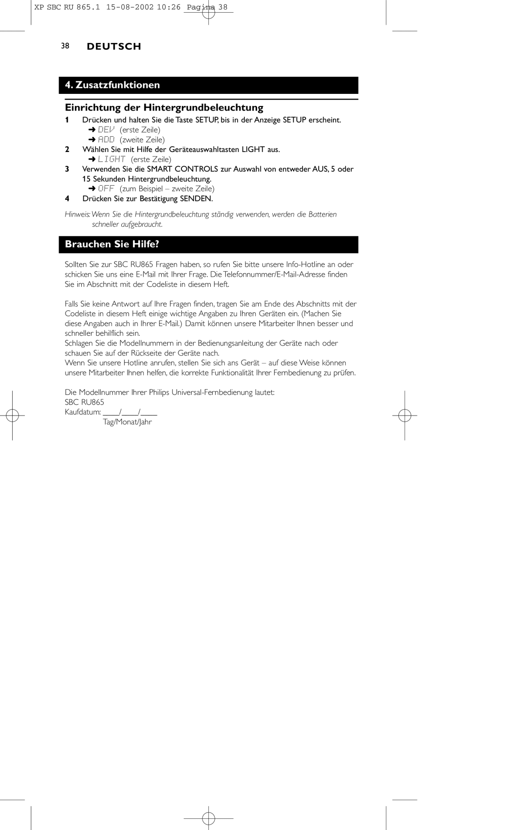 Philips SBC RU 865/00 manual Zusatzfunktionen, Einrichtung der Hintergrundbeleuchtung, Brauchen Sie Hilfe? 