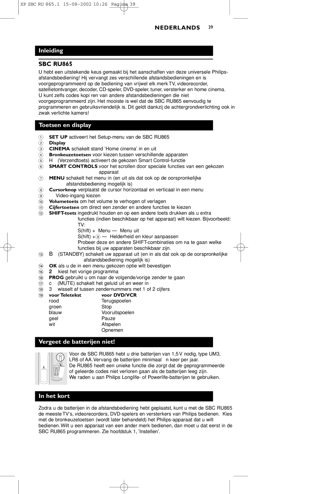 Philips SBC RU 865/00 manual Inleiding, Toetsen en display, Vergeet de batterijen niet, Het kort 