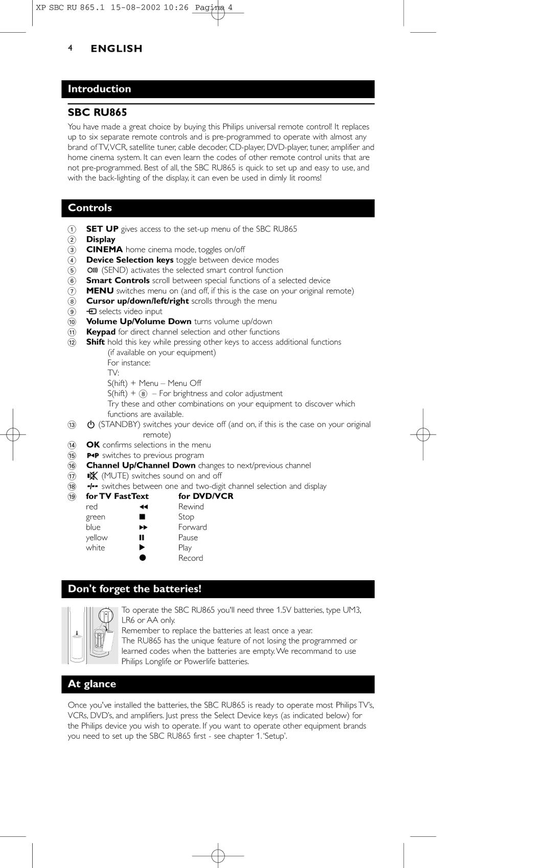 Philips SBC RU 865/00 manual Introduction, Controls, Dont forget the batteries, At glance 