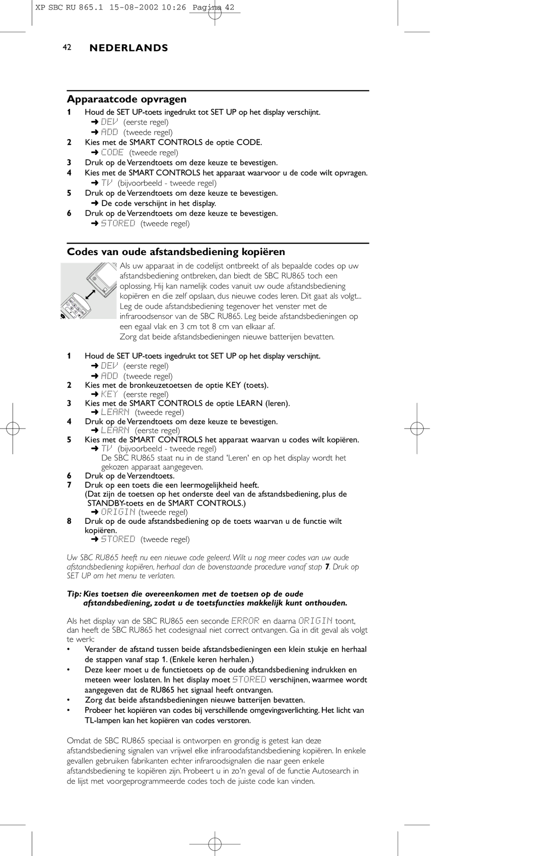 Philips SBC RU 865/00 manual Apparaatcode opvragen, Codes van oude afstandsbediening kopiëren 