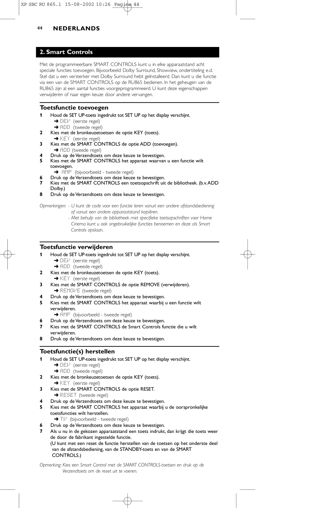 Philips SBC RU 865/00 manual Toetsfunctie toevoegen, Toetsfunctie verwijderen, Toetsfuncties herstellen 