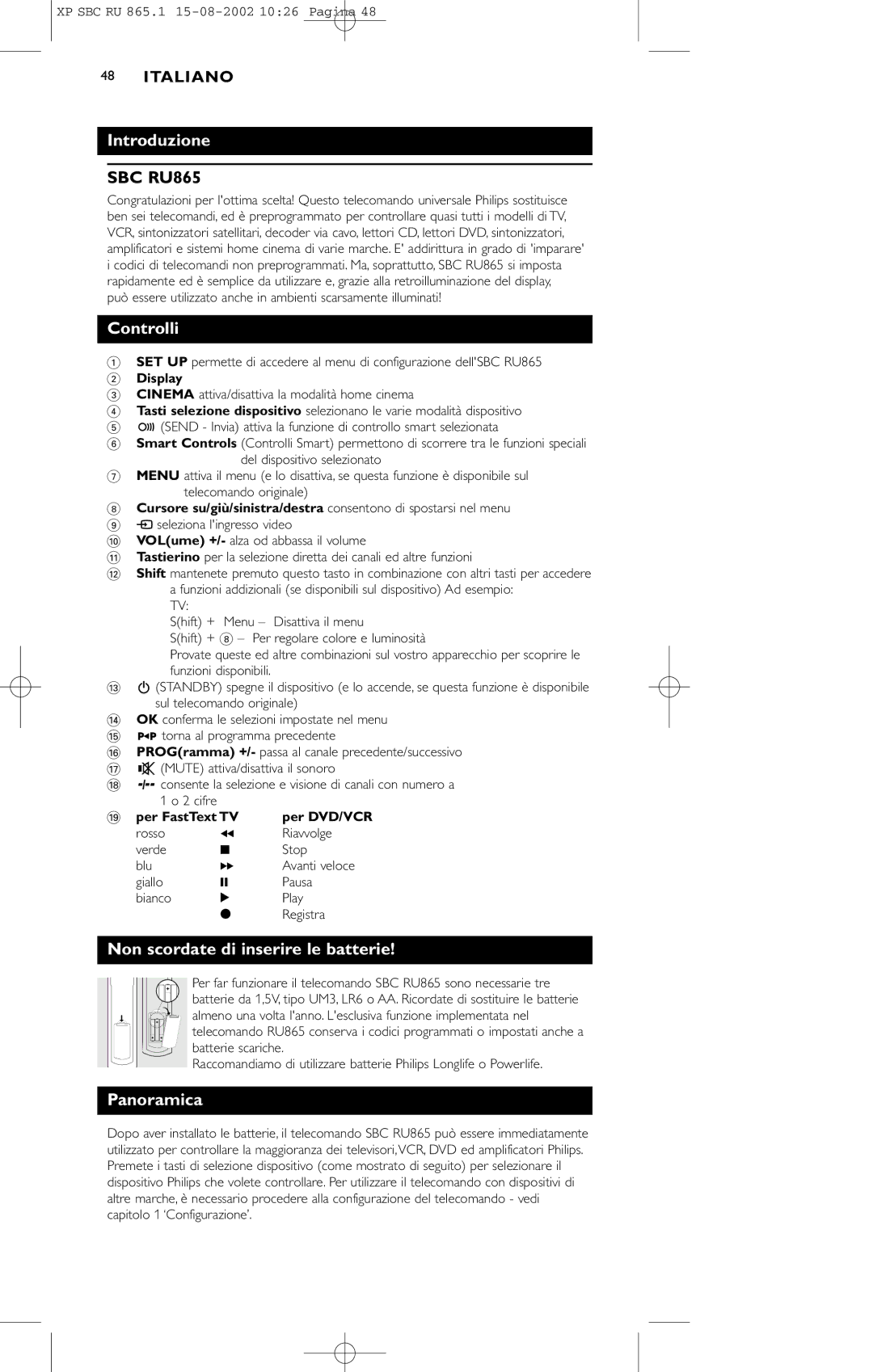 Philips SBC RU 865/00 manual Introduzione, Controlli, Non scordate di inserire le batterie, Panoramica 