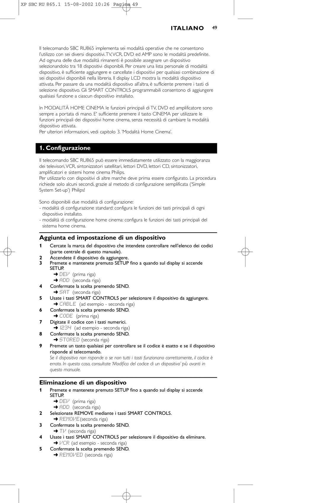 Philips SBC RU 865/00 manual Configurazione, Aggiunta ed impostazione di un dispositivo, Eliminazione di un dispositivo 