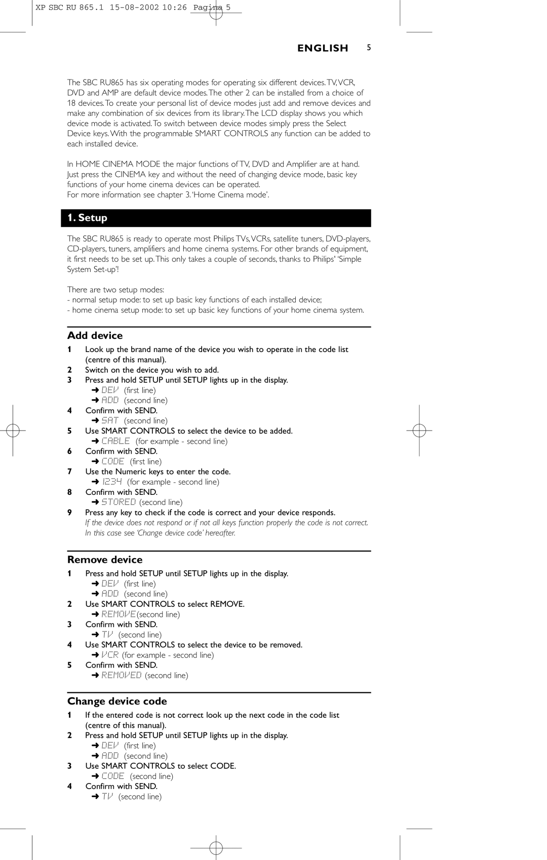 Philips SBC RU 865/00 manual Setup, Add device, Remove device, Change device code 