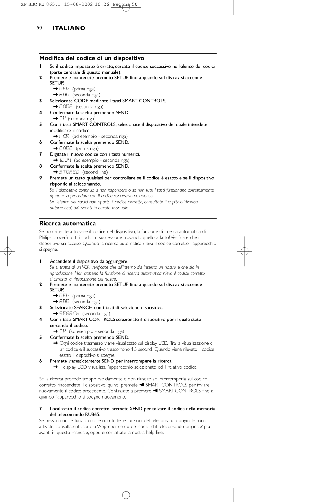 Philips SBC RU 865/00 manual Modifica del codice di un dispositivo, Ricerca automatica 