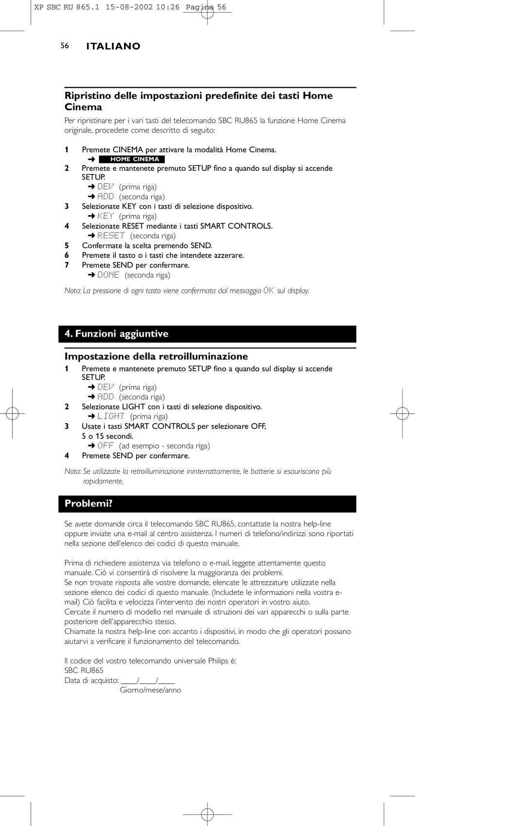 Philips SBC RU 865/00 manual Funzioni aggiuntive, Impostazione della retroilluminazione, Problemi? 