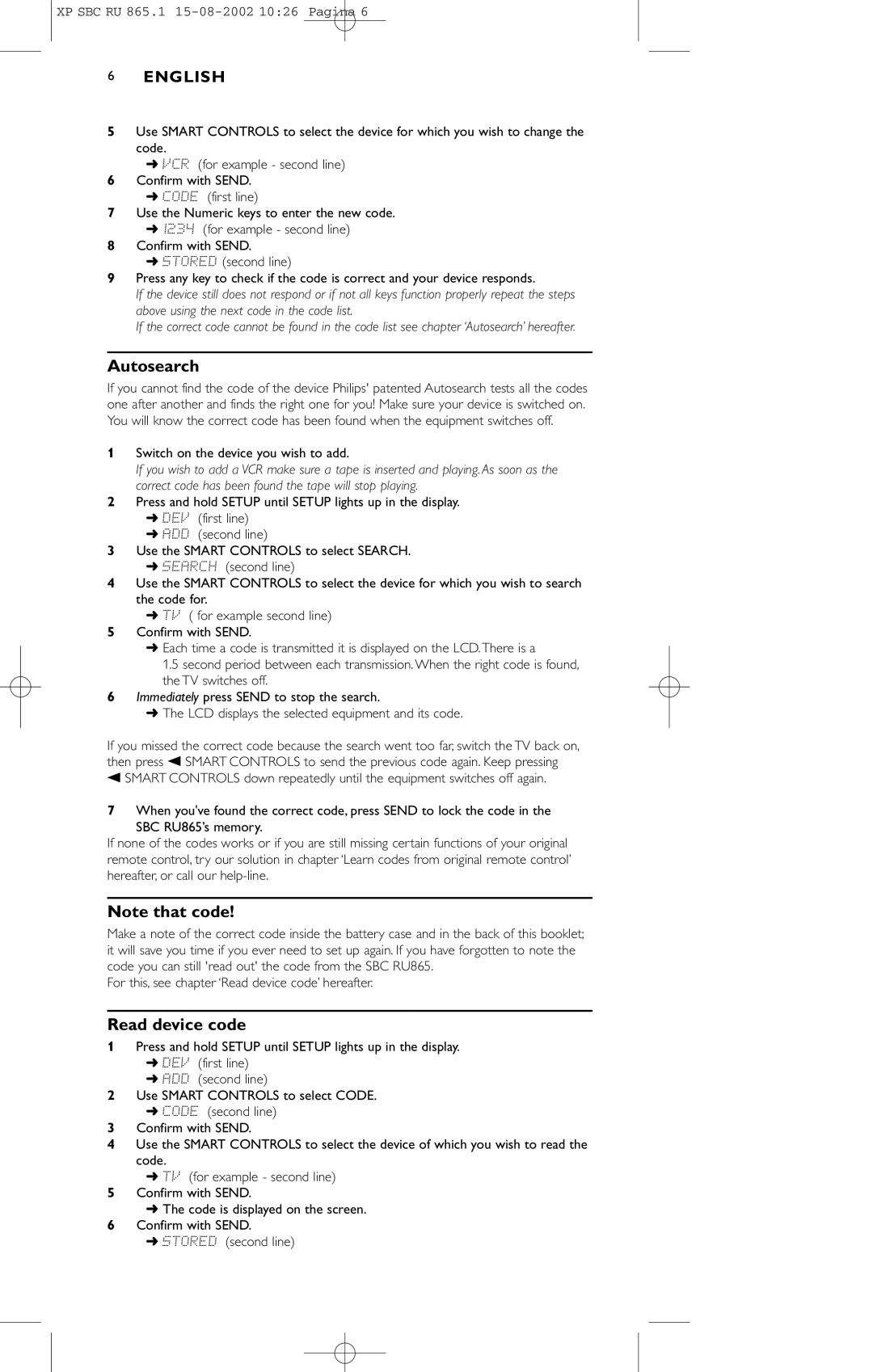 Philips SBC RU 865/00 manual Autosearch, Read device code 