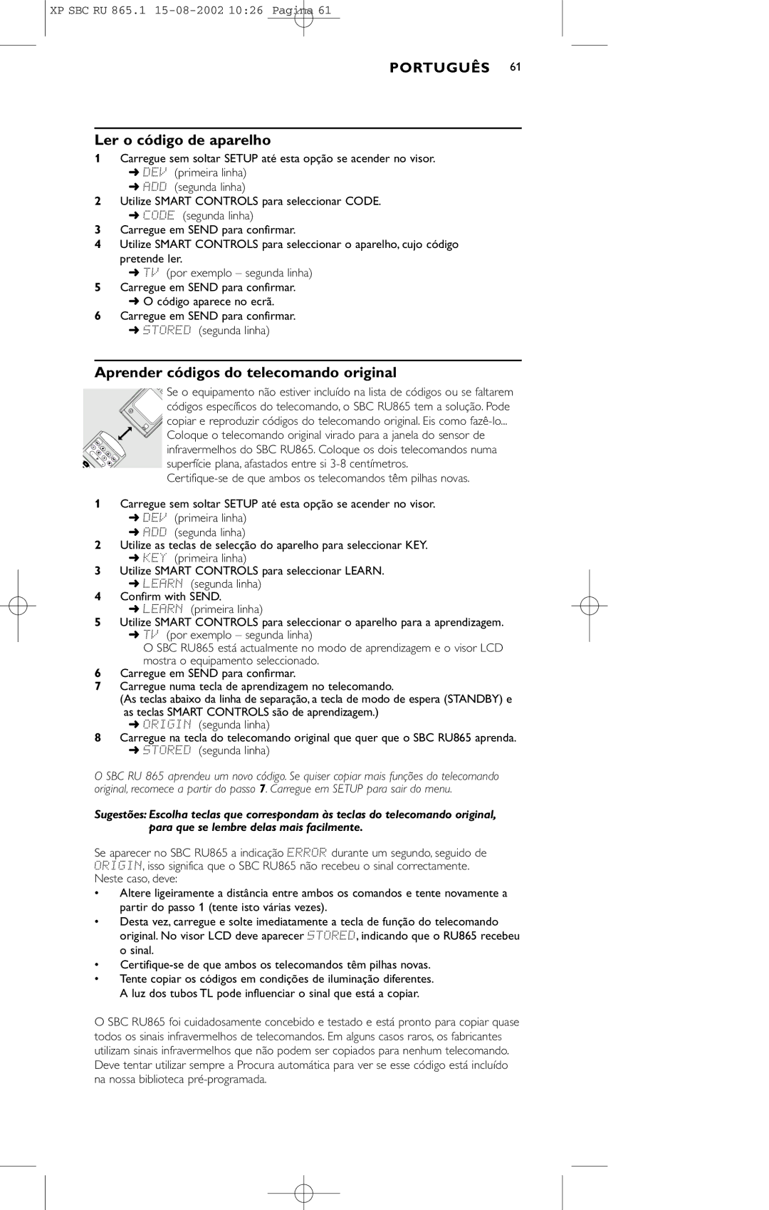 Philips SBC RU 865/00 manual Ler o código de aparelho, Aprender códigos do telecomando original 