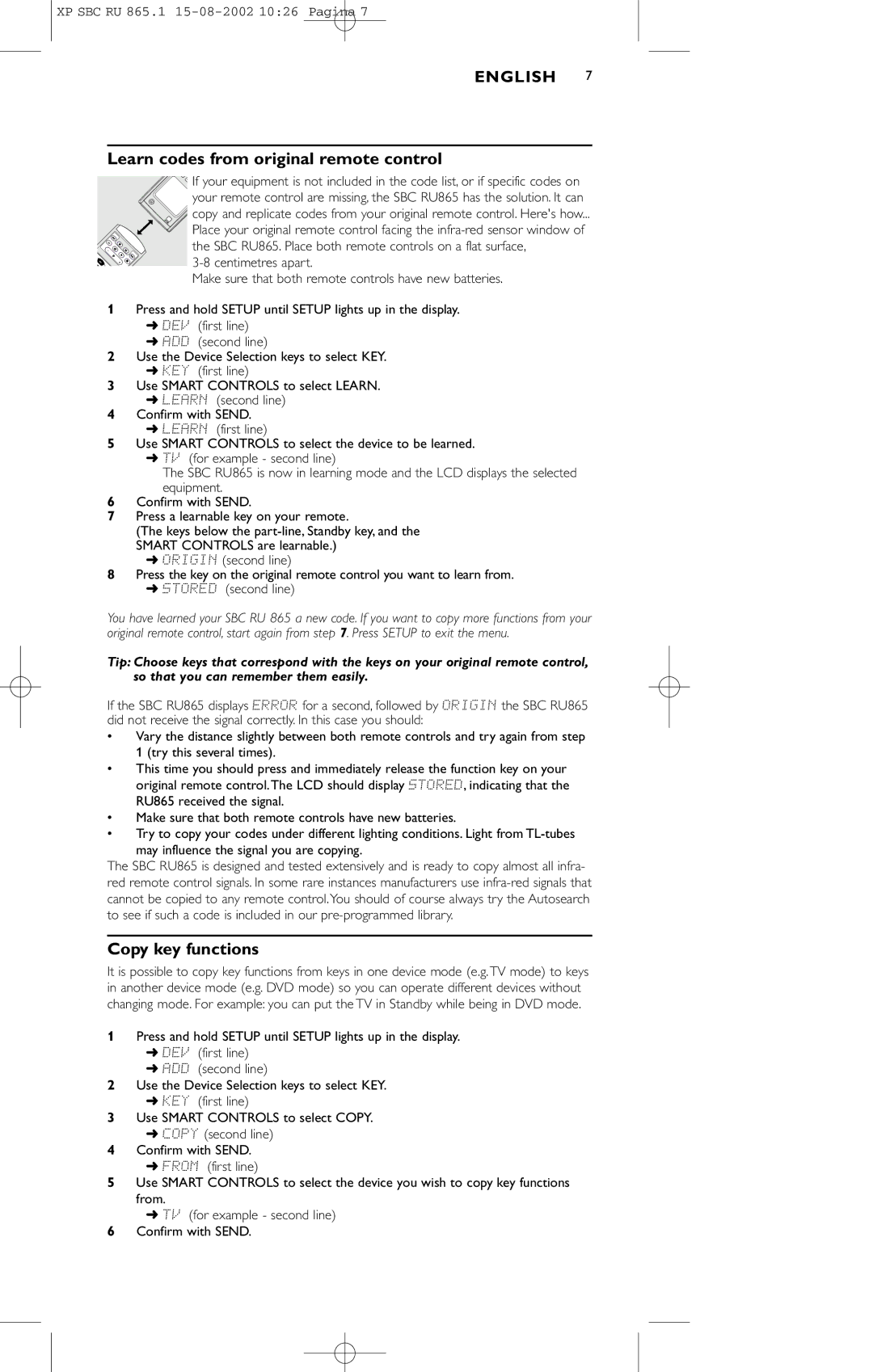 Philips SBC RU 865/00 manual Learn codes from original remote control, Copy key functions 