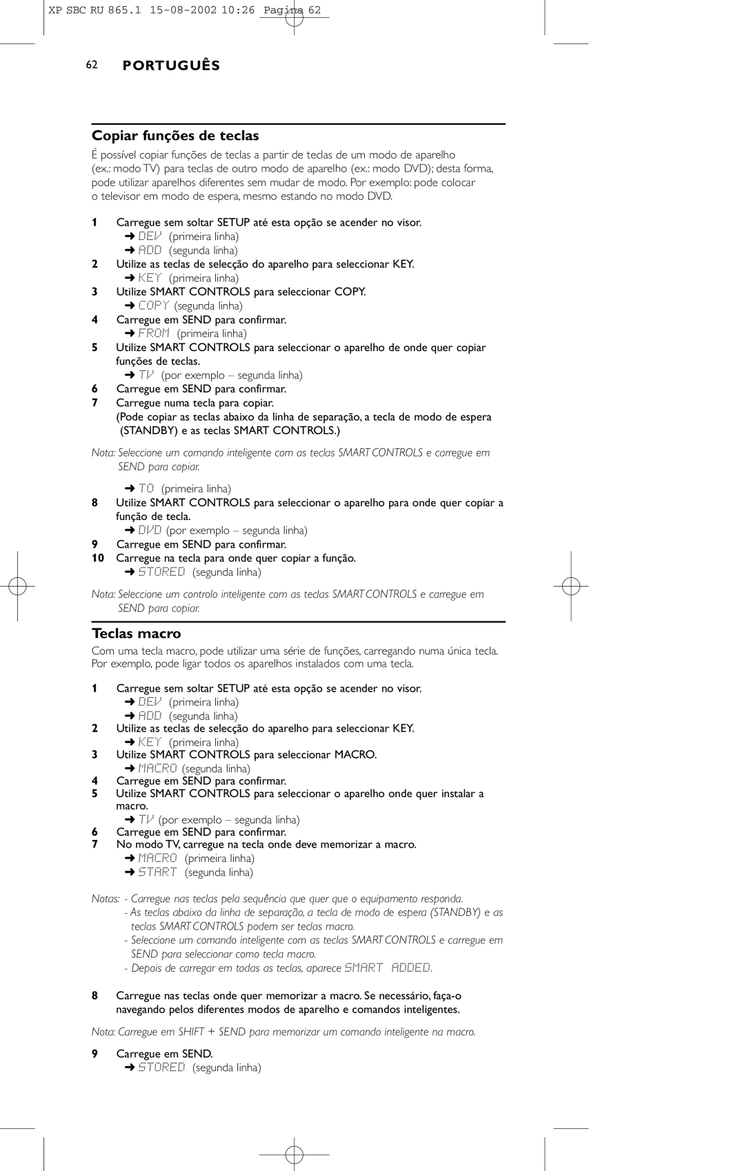 Philips SBC RU 865/00 manual Copiar funções de teclas, Teclas macro 