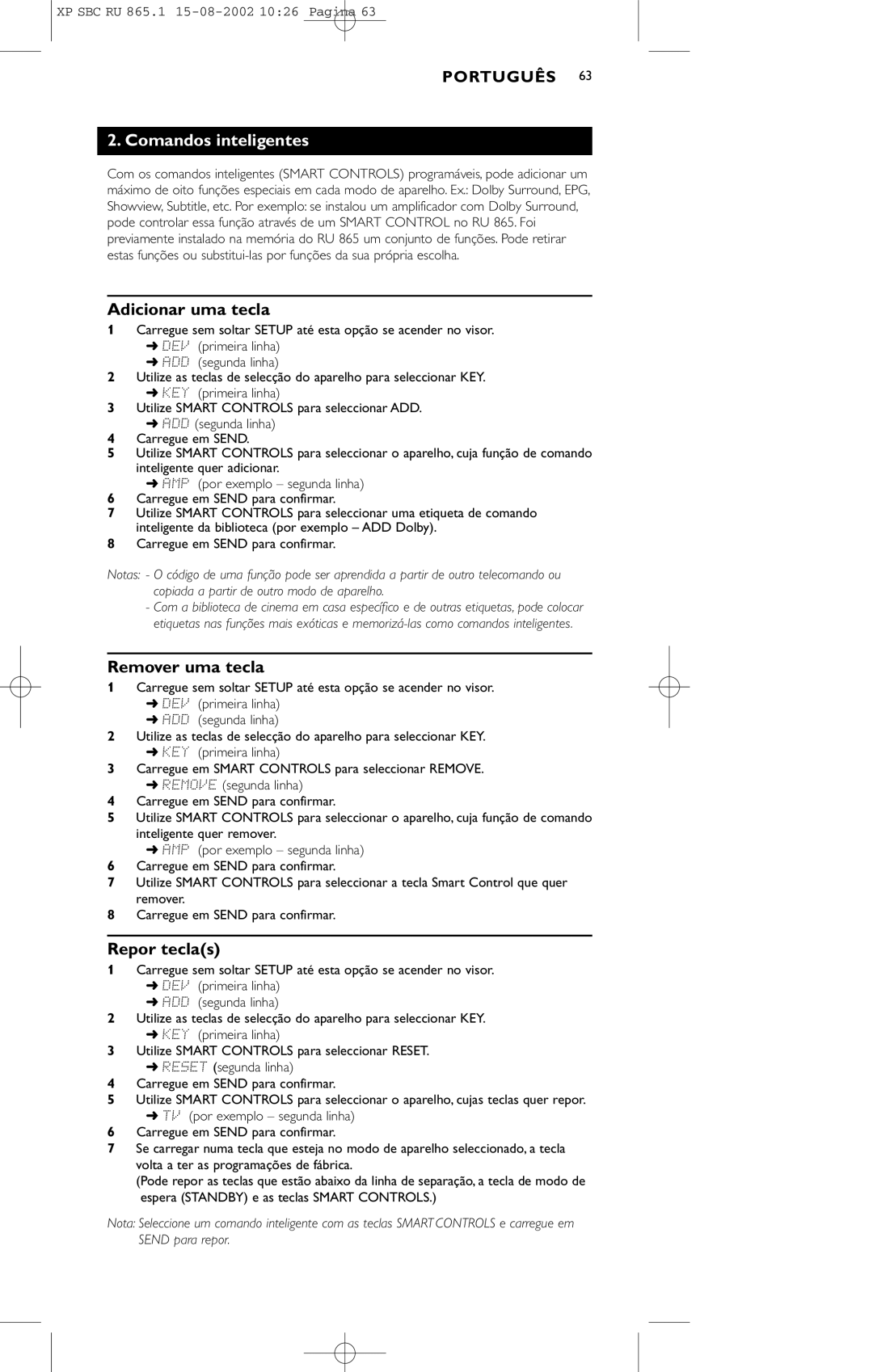 Philips SBC RU 865/00 manual Comandos inteligentes, Adicionar uma tecla, Remover uma tecla, Repor teclas 