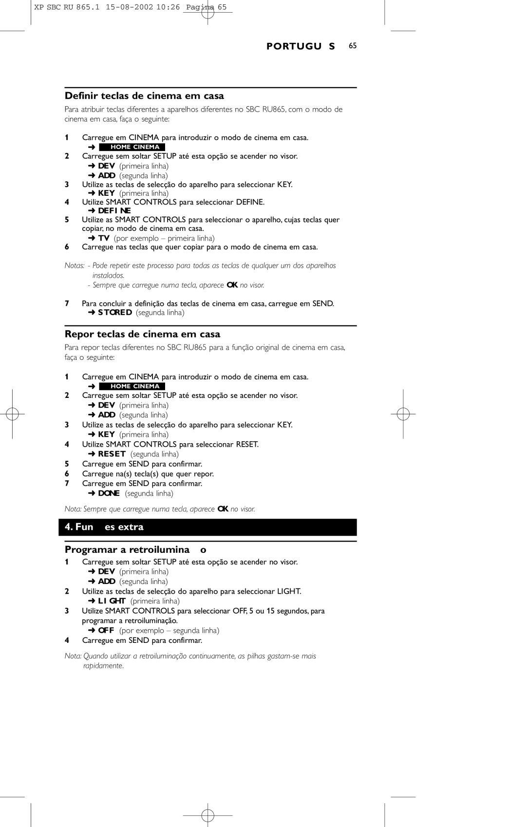 Philips SBC RU 865/00 manual Definir teclas de cinema em casa, Repor teclas de cinema em casa, Funções extra 