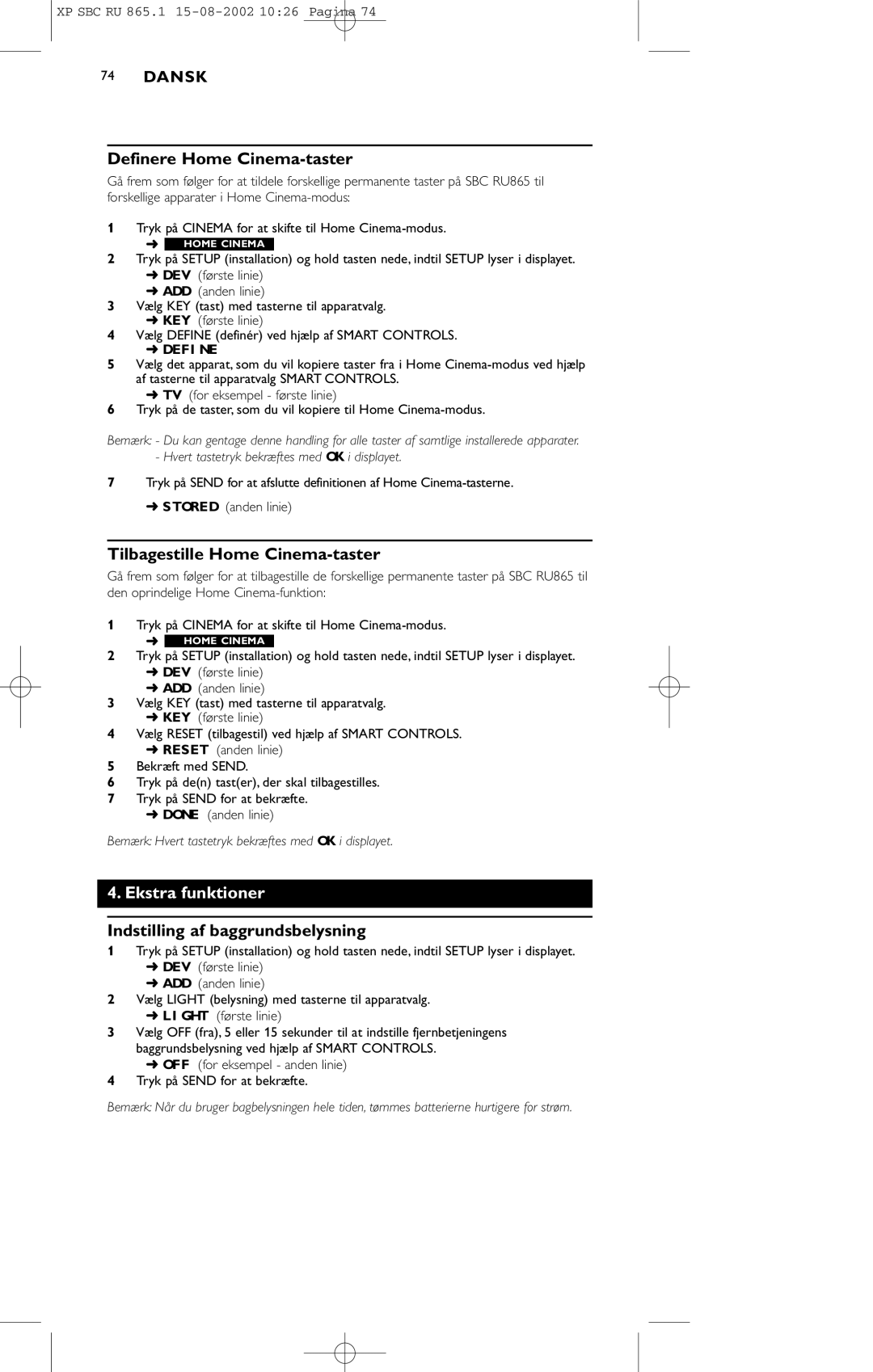 Philips SBC RU 865/00 manual Definere Home Cinema-taster, Tilbagestille Home Cinema-taster, Ekstra funktioner 