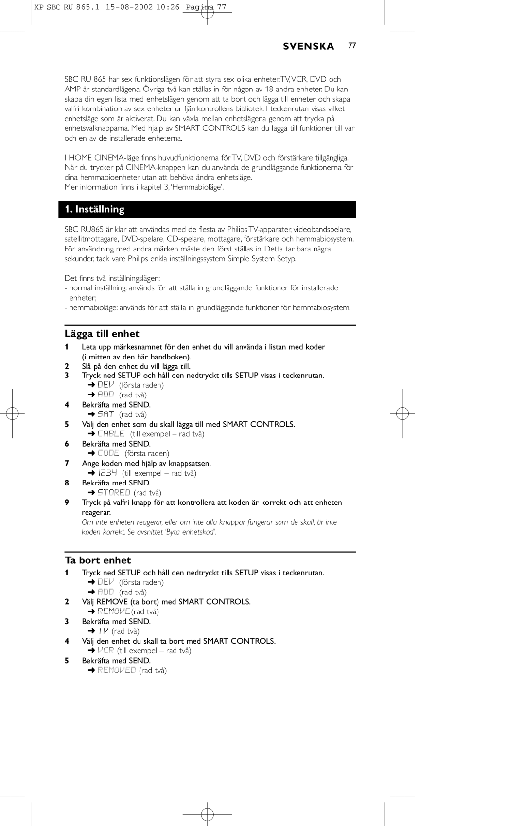 Philips SBC RU 865/00 manual Inställning, Lägga till enhet, Ta bort enhet 