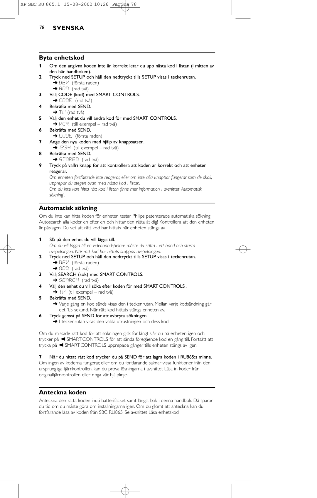 Philips SBC RU 865/00 manual Byta enhetskod, Automatisk sökning, Anteckna koden 