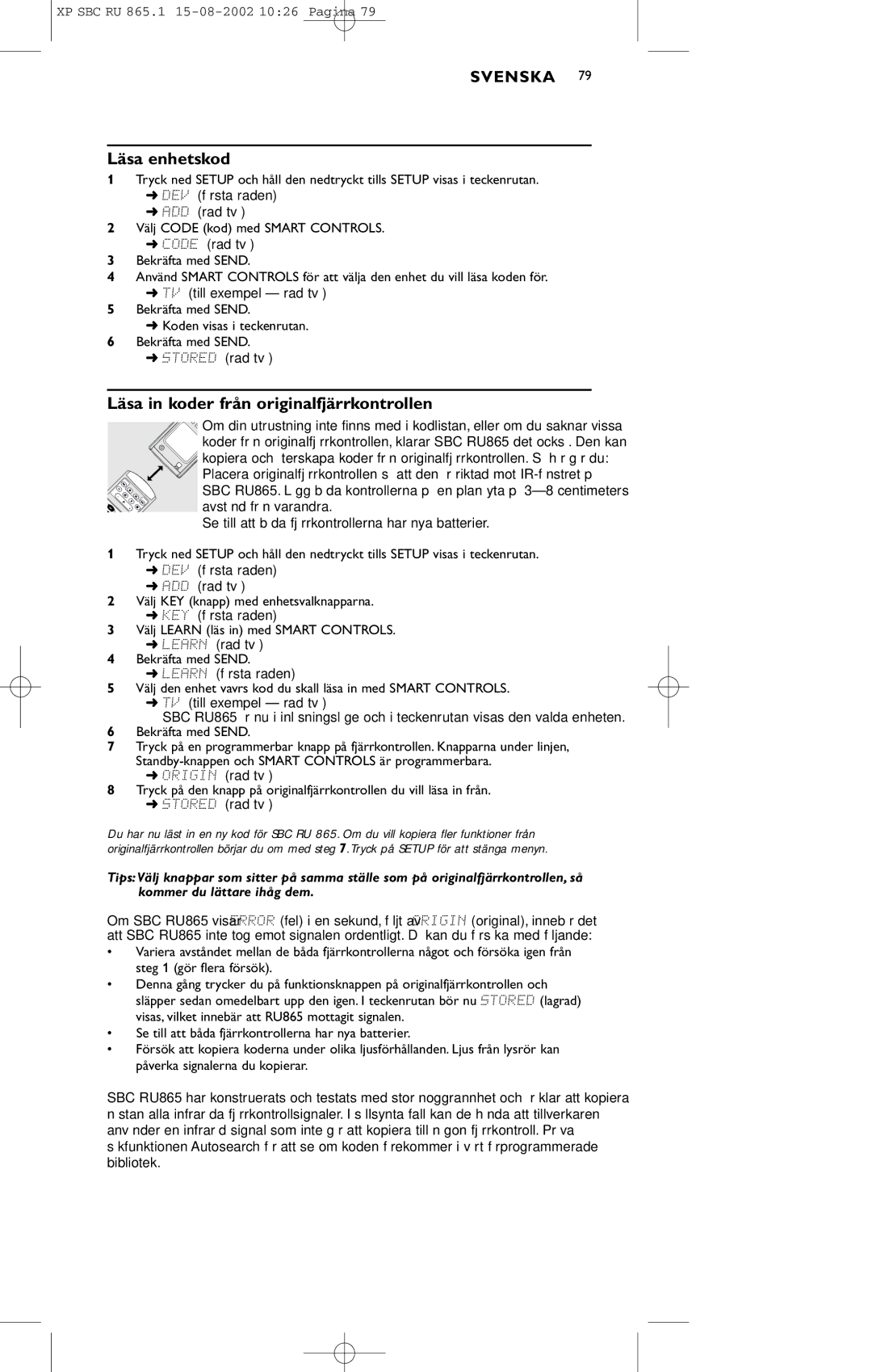 Philips SBC RU 865/00 manual Läsa enhetskod, Läsa in koder från originalfjärrkontrollen 