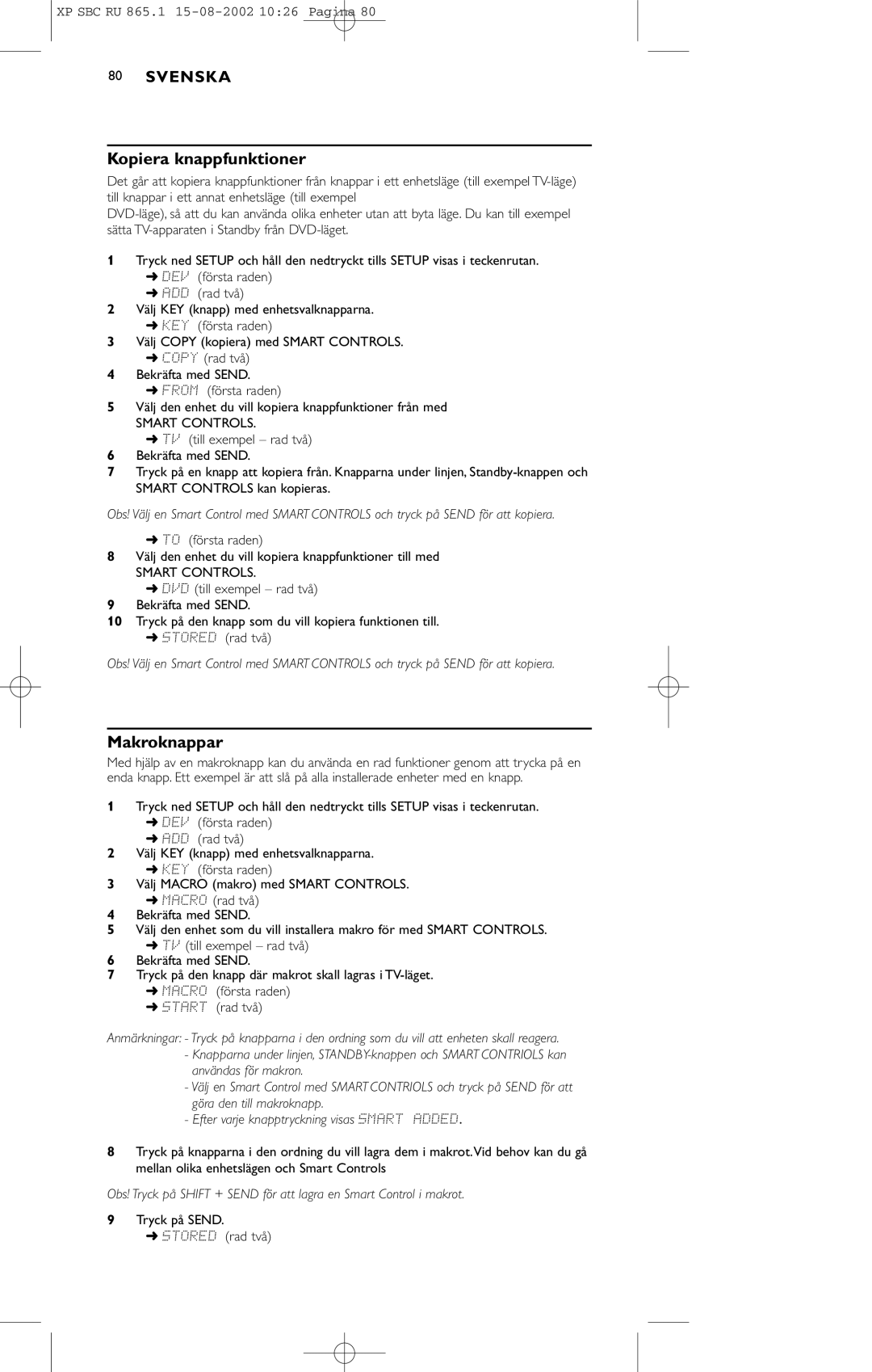 Philips SBC RU 865/00 manual Kopiera knappfunktioner, Makroknappar 