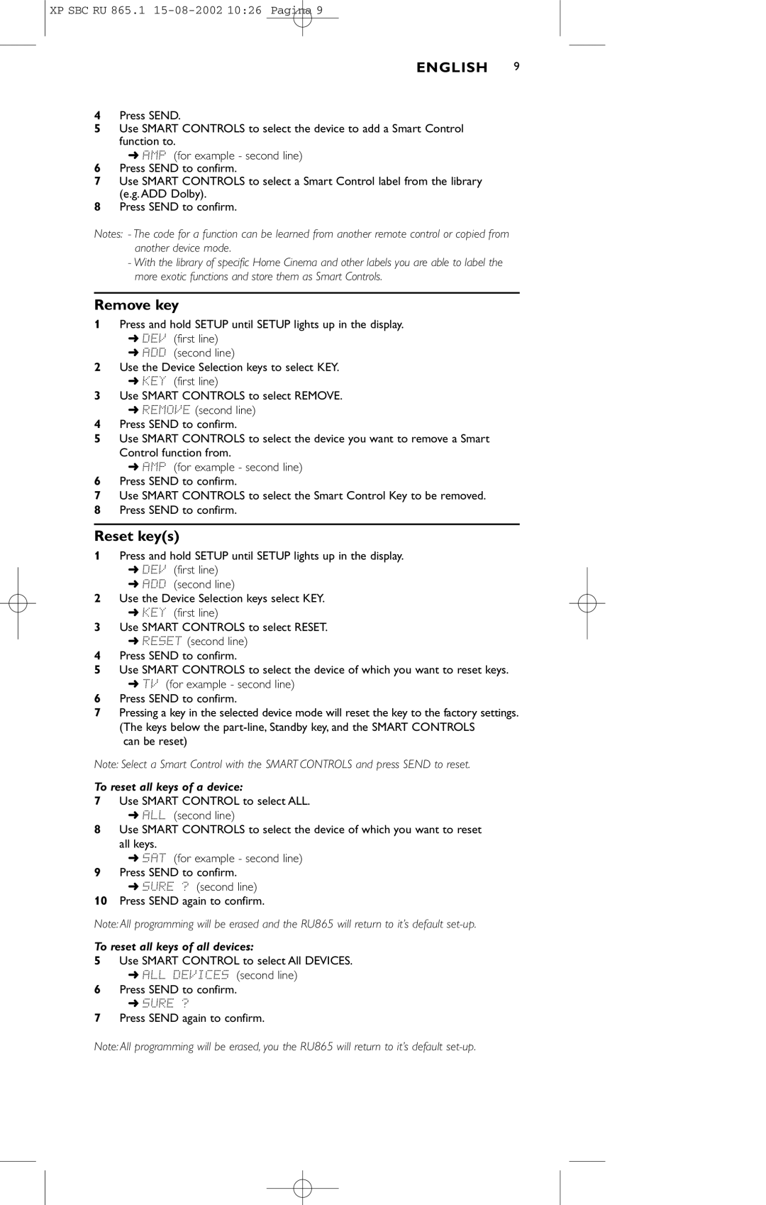 Philips SBC RU 865/00 manual Remove key, Reset keys, To reset all keys of a device, To reset all keys of all devices 