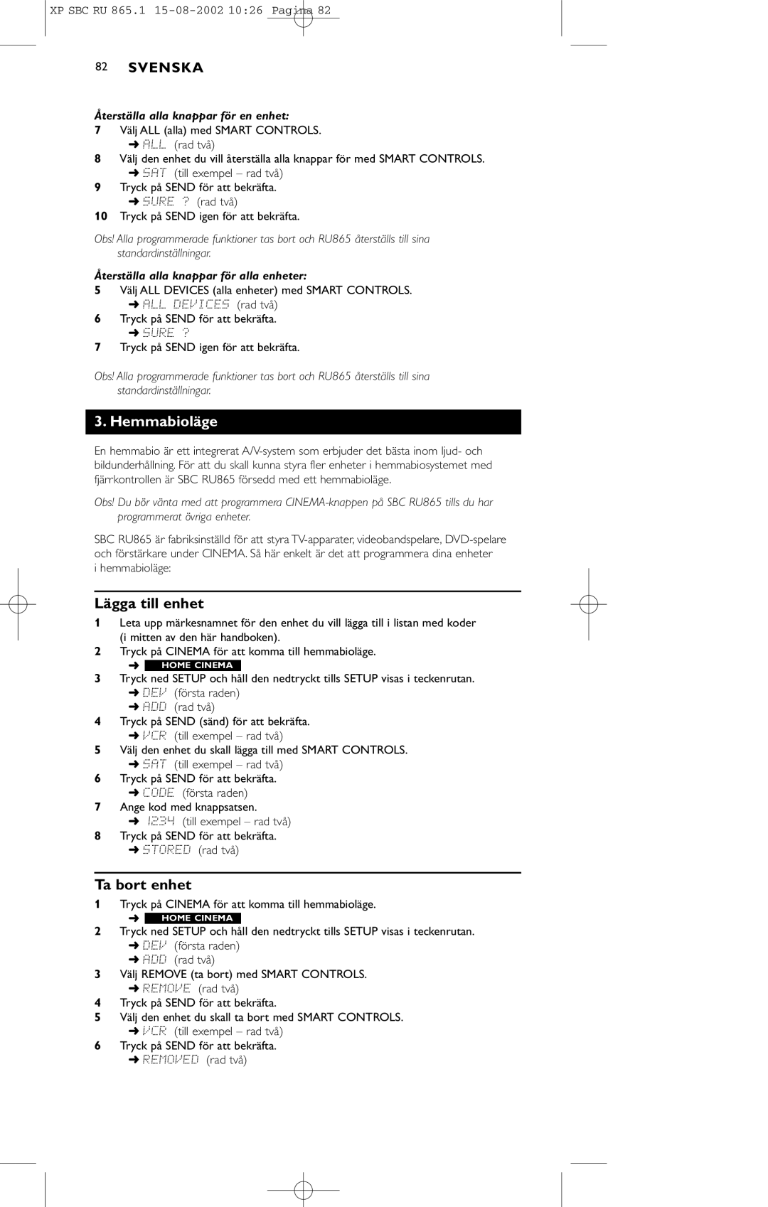 Philips SBC RU 865/00 manual Hemmabioläge, Återställa alla knappar för en enhet, Återställa alla knappar för alla enheter 