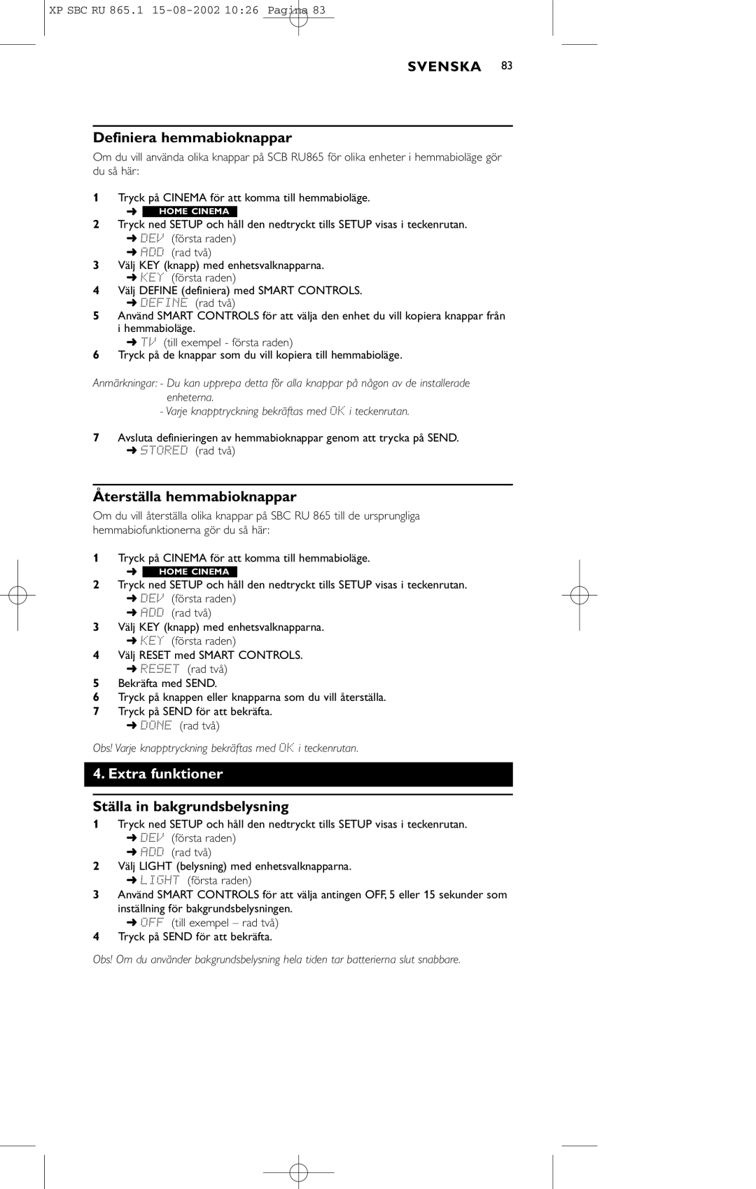 Philips SBC RU 865/00 manual Definiera hemmabioknappar, Återställa hemmabioknappar, Extra funktioner 