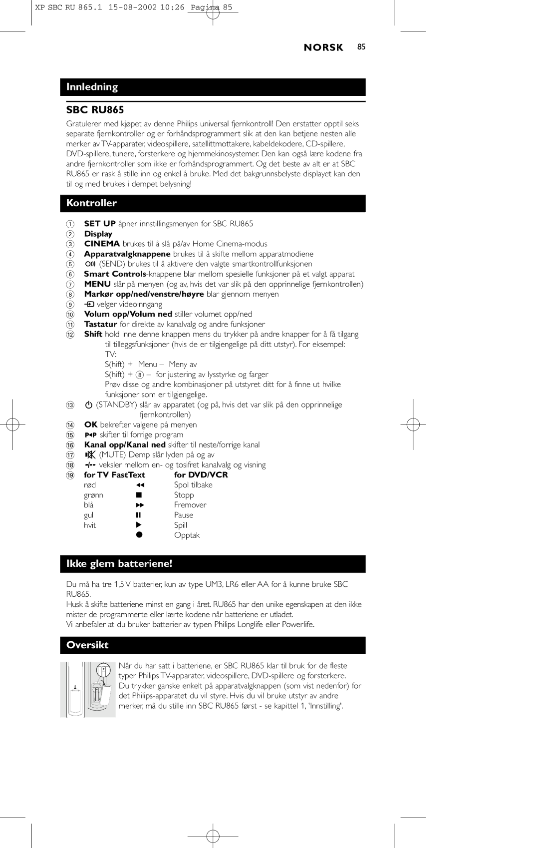 Philips SBC RU 865/00 manual Innledning, Ikke glem batteriene, Oversikt 